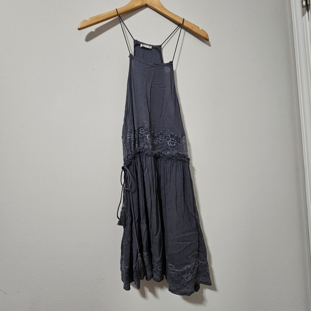 Intimately Free People Grey Lace Halter Mini Dress Boho Tassel Rayon Womens S P